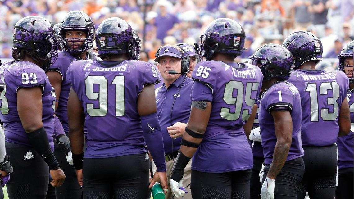 TCU head coach Gary Patterson talks to the defense during a time out in the second half of a NCAA football game at Amon G. Carter Stadium in Fort Worth, Texas, Saturday Oct. 02, 2021. Texas defeated TCU 32-27. (Special to the Star-Telegram Bob Booth)