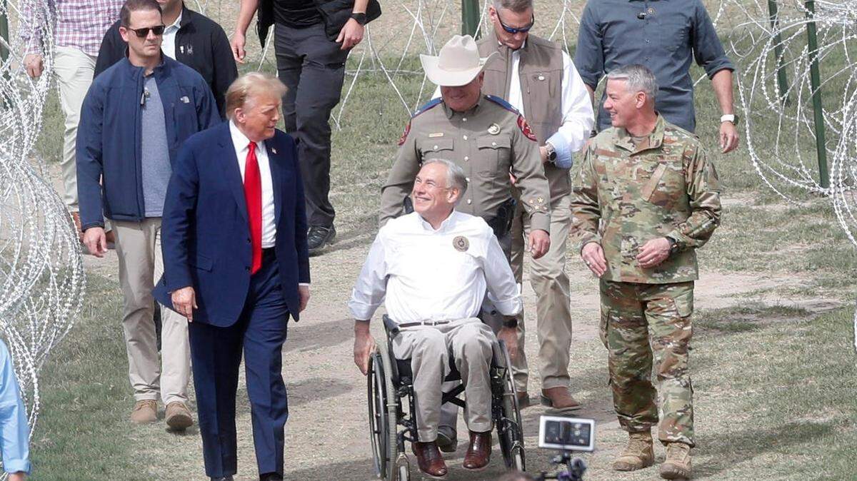 Former president Donald Trump arrives in Eagle Pass, Texas at Shelby Park on Feb. 29, 2024, where Texas Governor Greg Abbott greeted him.