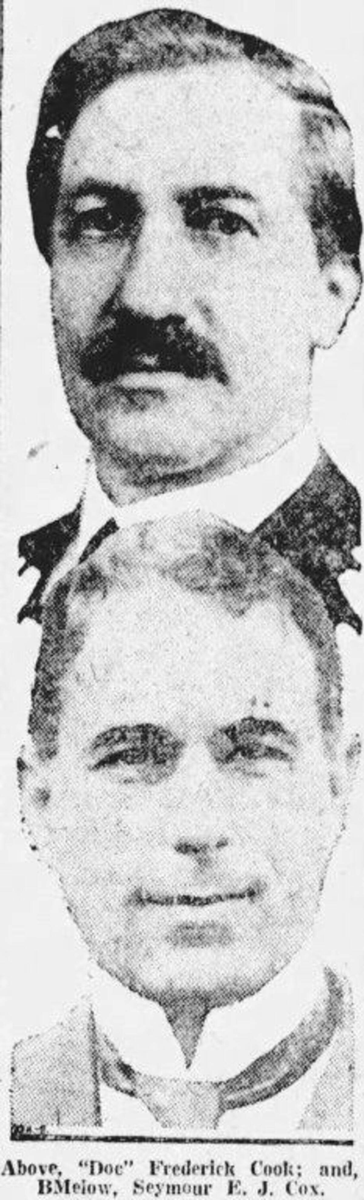 Frederick Cook, top, and his business partner Seymour E.J. Cox are shown in this newspaper image.