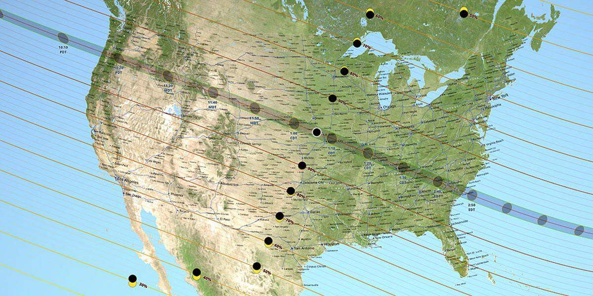 2017 total solar eclipse’s path of totality. Beginning in the Norther Oregon coast, spanning all the way to South Carolina.