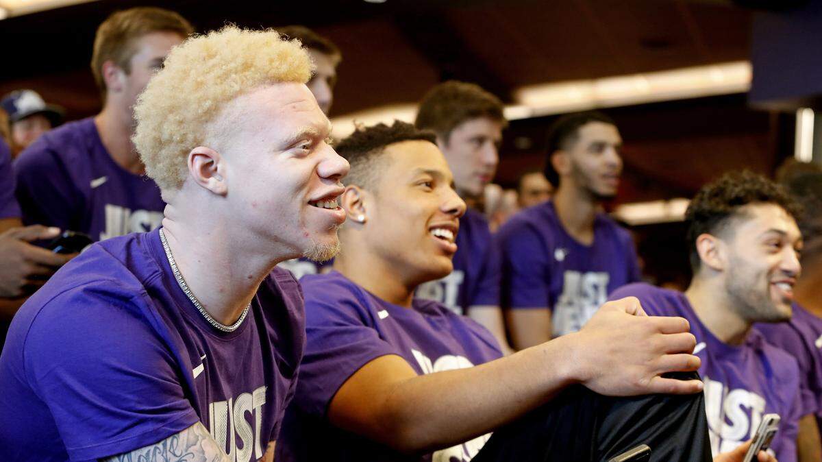 Jaylen Fisher watches tournament selections with teammates during the NCAA selection party at TCU on Sunday. The Horned Frogs face the winner between Arizona State and Syracuse on Friday in the first round.
