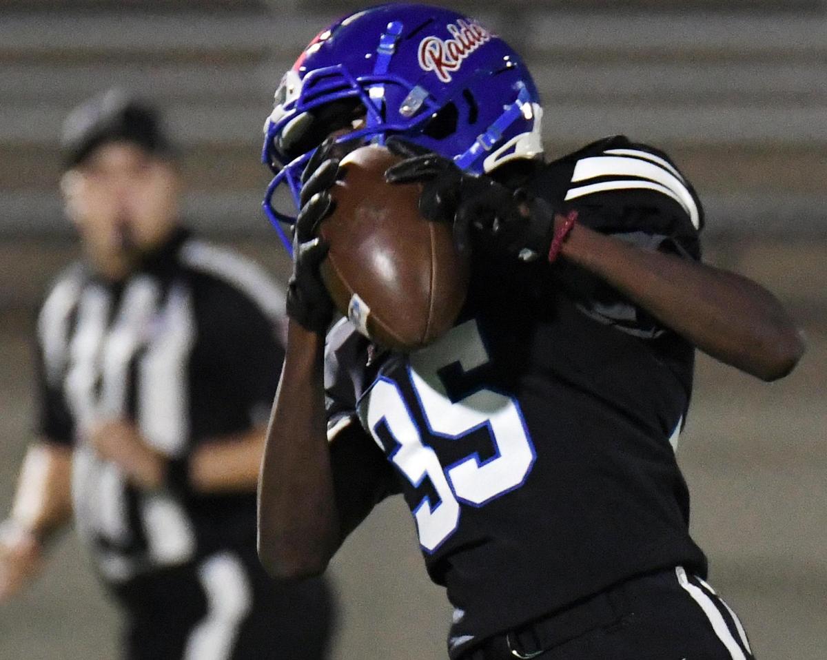 Southwest’s Jaylyn Ferguson makes the catch and run for a 35 yard touchdown to give the Raiders a 21-0 lead over Trimble Tech in the quarter of Thursday’s September 29, 2022 District 4-5A Division2 football game at Clark Stadium in Fort Worth, Texas. Special/Bob Haynes