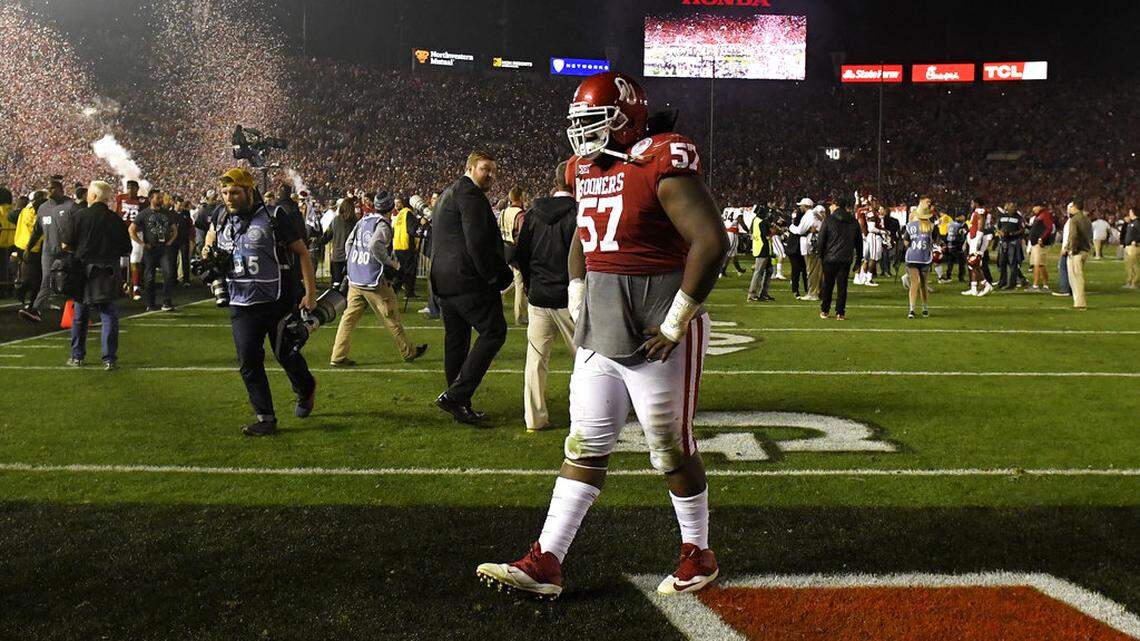 Oklahoma defensive tackle Du’Vonta Lampkin leaves the field after Oklahoma lost to Georgia 54-48 in overtime in the Rose Bowl NCAA college football game Monday, Jan. 1, 2018, in Pasadena, Calif. (AP Photo/Mark J. Terrill)