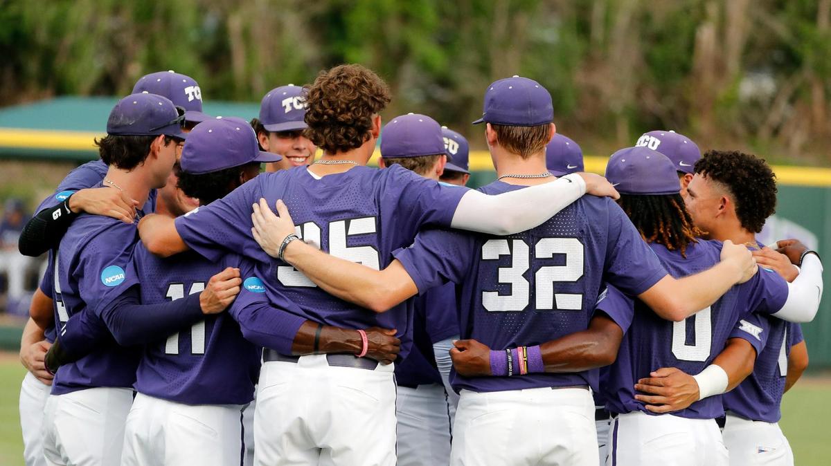 TCU third baseman Brayden Taylor (55) gives teammates a pregame pep talk before Game 2 of the NCAA Super Regional between TCU and Indiana State at Lupton Stadium in Fort Worth on Saturday.