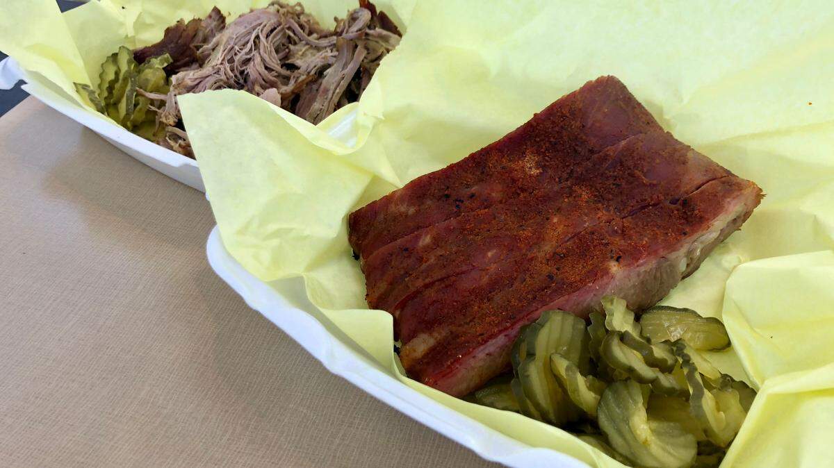 Pork ribs with a  Memphis-style rub and pulled pork from Riley’s BBQ in Hulen Mall.