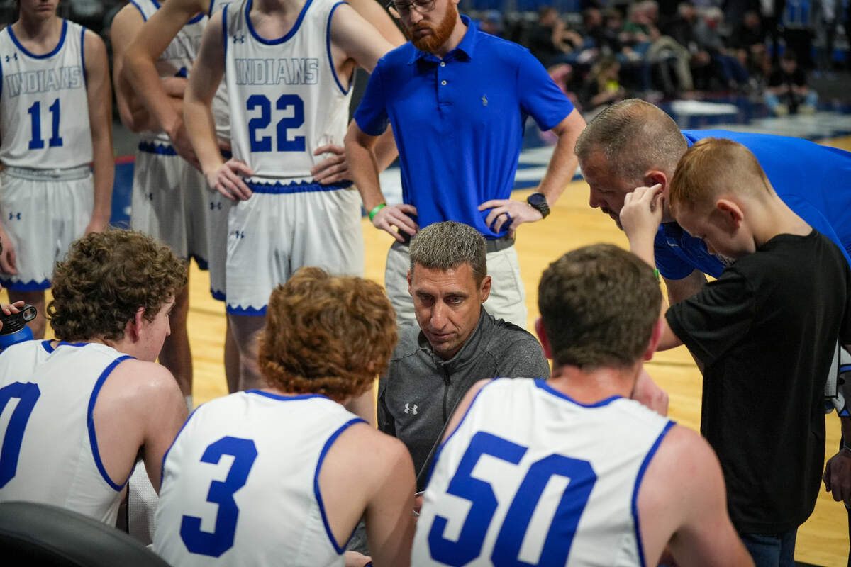 Lipan head coach Brent Gaylor instructs his team during a time out against New Home in a Class 2A state semifinal on Friday, March 8, 2024 at the Alamodome in San Antonio, Texas. Lipan defeated New home 40-39 in overtime.