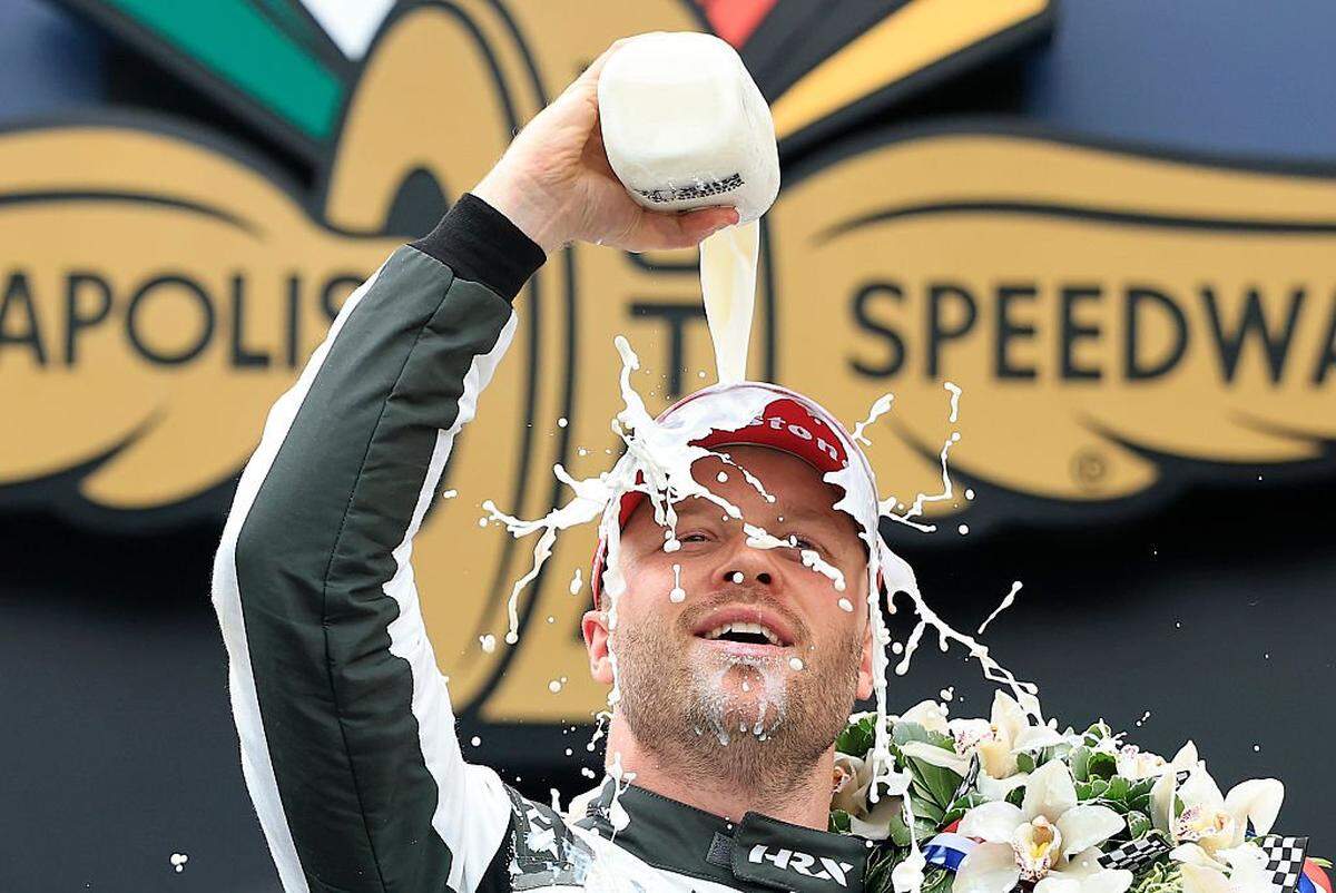 INDIANAPOLIS, INDIANA - MAY 24: Felix Rosenqvist, driver of the #60 Meyer Shank w/ Curb-Agajanian Honda celebrates in Victory Circle after winning the NTT IndyCar Series 110th Running of the Indianapolis 500 at Indianapolis Motor Speedway on May 24, 2026 in Indianapolis, Indiana. (Photo by Justin Casterline/Getty Images)