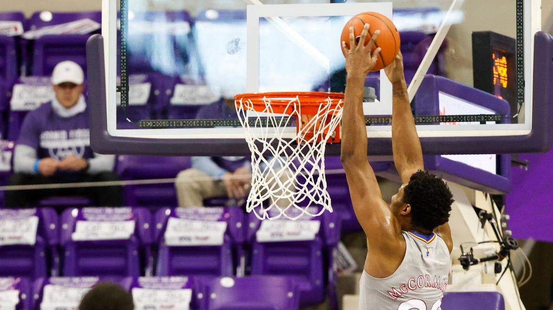 Kansas junior forward David McCormack has a dunk against TCU on Tuesday night at Schollmaier Arena.