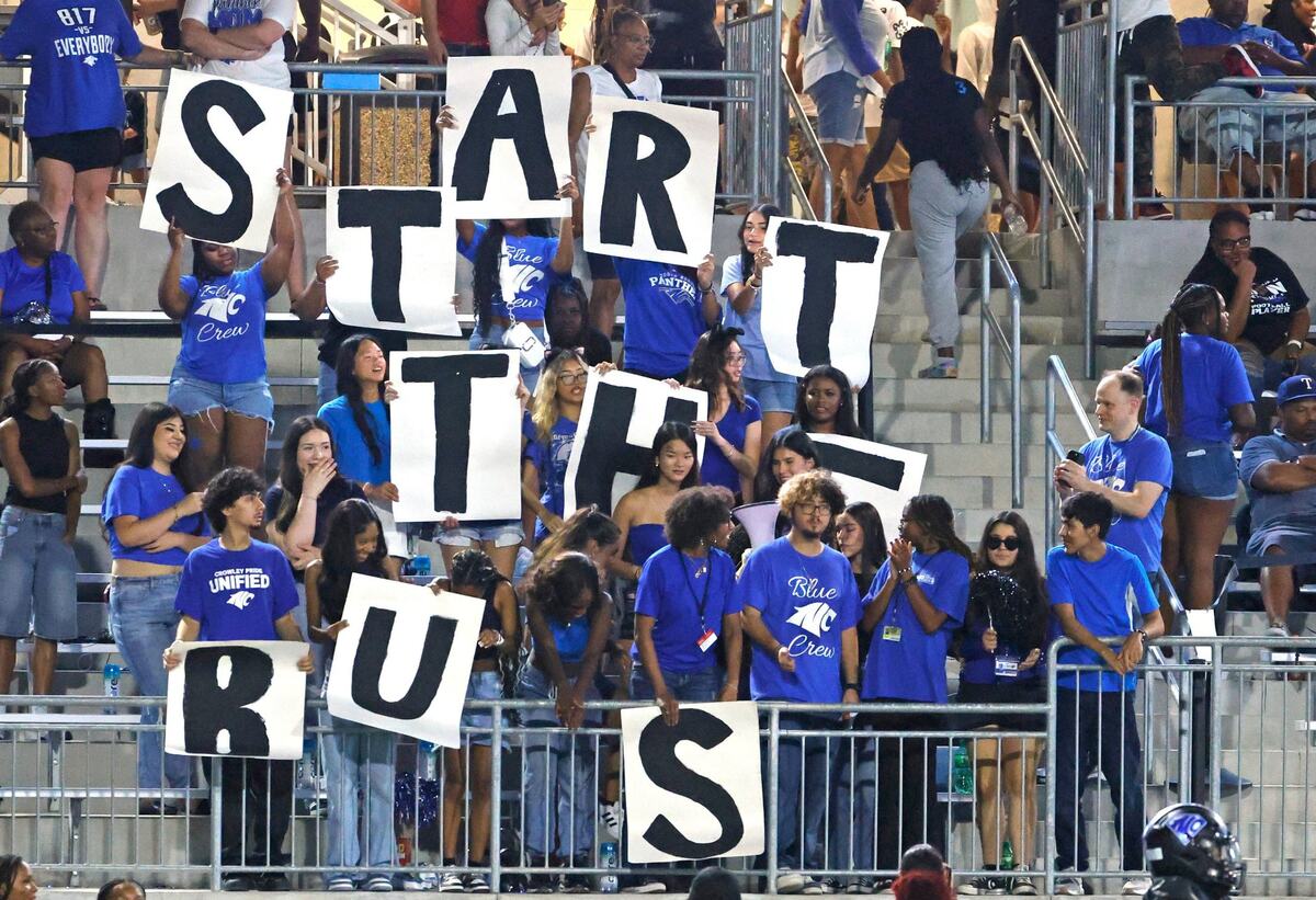 The North Crowley student section sends a message to Denton Guyer students during a UIL football game at Crowley ISD Sports Complex in Fort Worth Friday, Sept. 13, 2024.