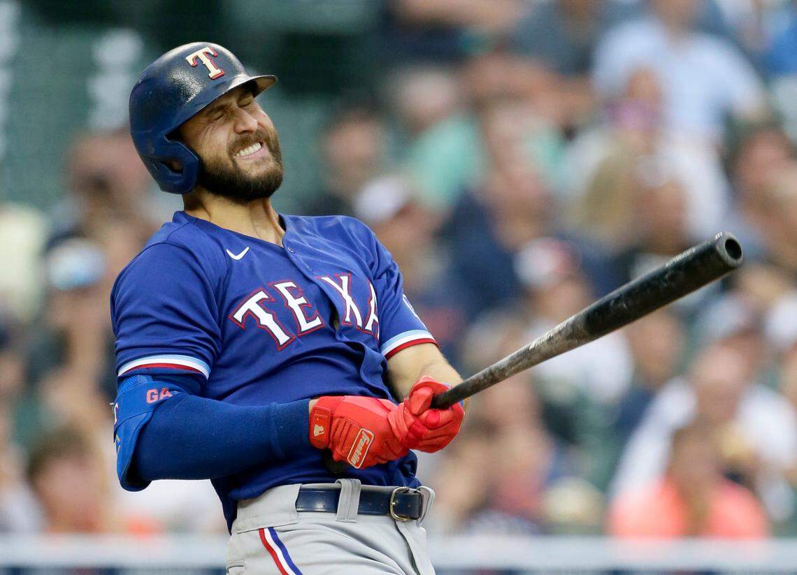 Texas Rangers’ Joey Gallo reacts after hitting a fly ball for an out during the fourth inning of a baseball game against the Detroit Tigers, Monday, July 19, 2021, in Detroit. (AP Photo/Duane Burleson)