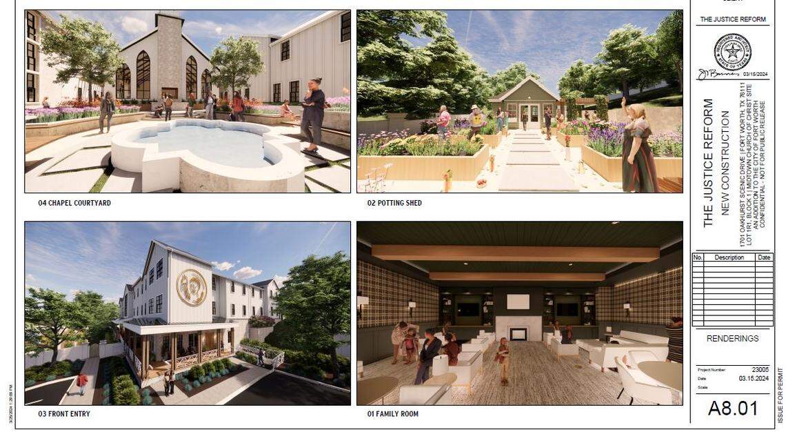 Four renderings of the outside of a building showing a chapel courtyard, potting shed, front entry, and family room. 