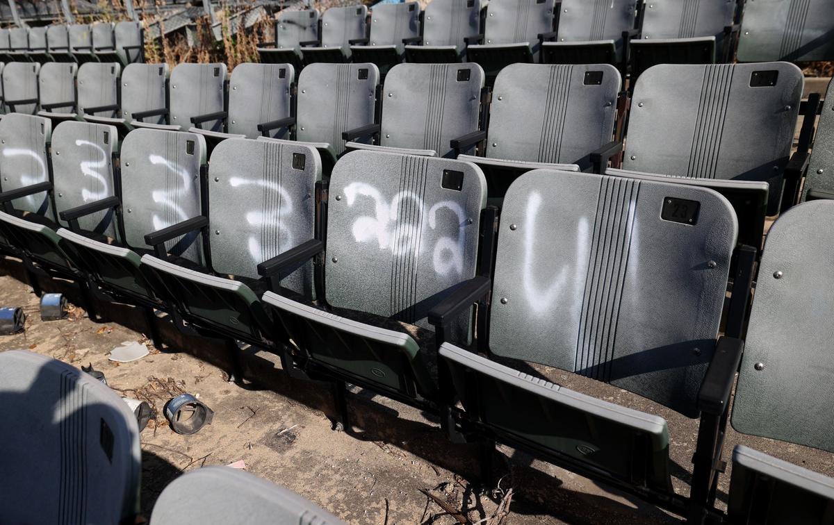 Graffiti marks seats at LaGrave Field on Wednesday, June 26, 2024, in Fort Worth. The Water District took ownership of the field in 2019 and has spent upwards of $200,000 annually to maintain and secure LaGrave.