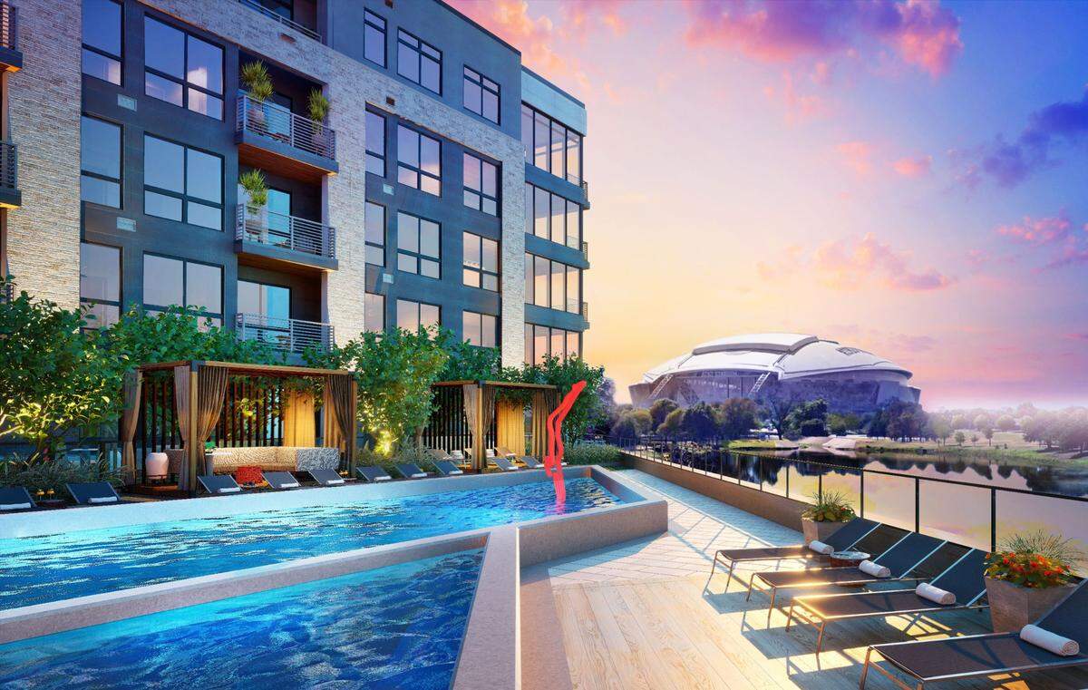 One of the advertised amenities at One Ranger Way is the resort-style pool, which has a view of AT&T Stadium.