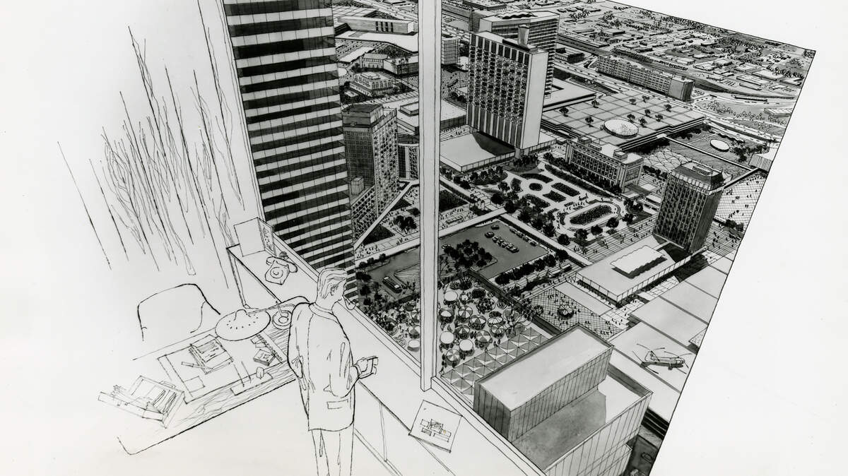 A businessman looks southeast from one of the new skyscrapers that would have been built as part of the Gruen Plan. Historic sites visible and still familiar today include the Federal Courthouse and Burnett Park, old City Hall, St. Patrick Cathedral, and the T&P freight depot in the distance.