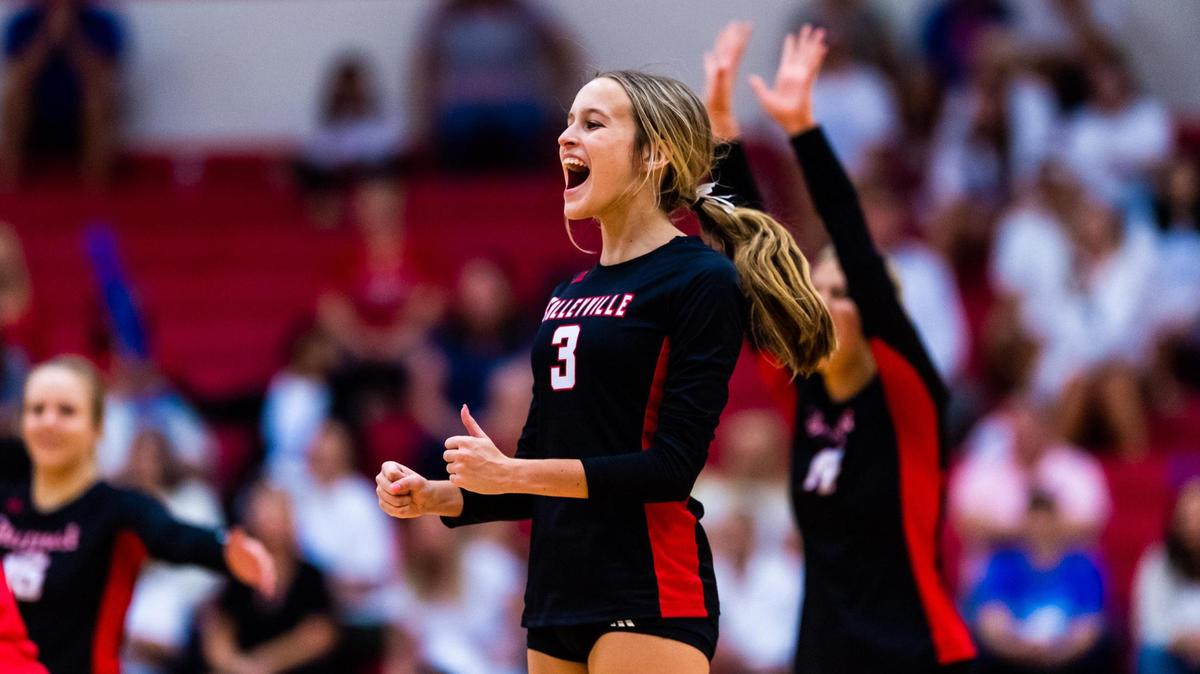Maddie Bird celebrates during a district match between Colleyville Heritage and Grapevine at Grapevine High School on October 4th 2022.