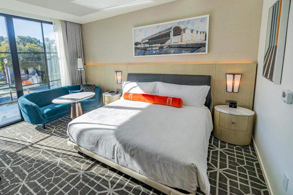 One of the single bed hotel rooms in The Crescent Fort Worth Hotel on Thursday, Nov. 2, 2023.
