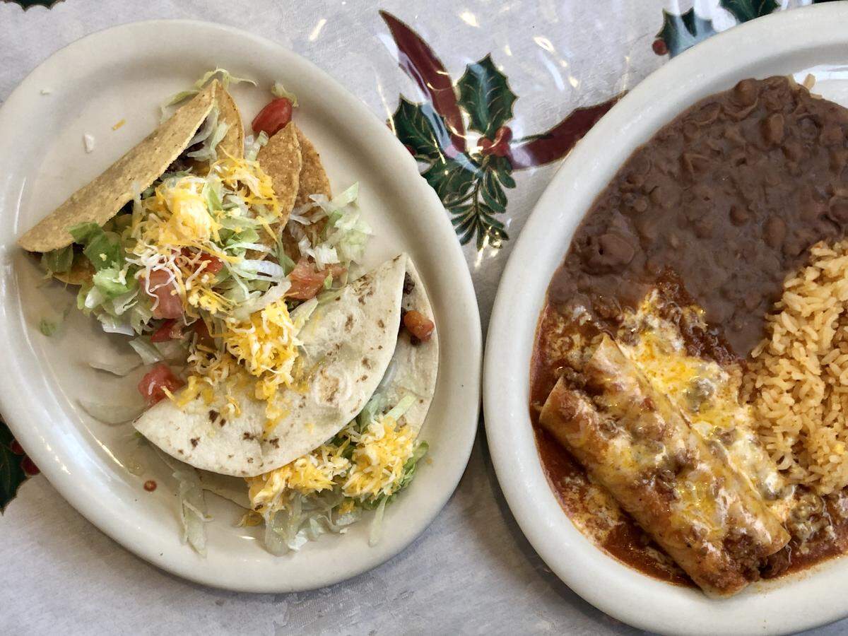 Bigotes offers unlimited enchiladas and tacos for a set price. (Yes, that’s a Christmas tablecloth in midyear.)