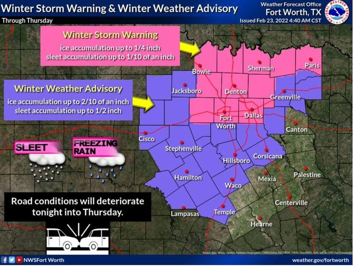 Chance of precipitation is at 80 percent Wednesday night in North Texas as temperatures stay below freezing, according to the National Weather Service in Fort Worth.