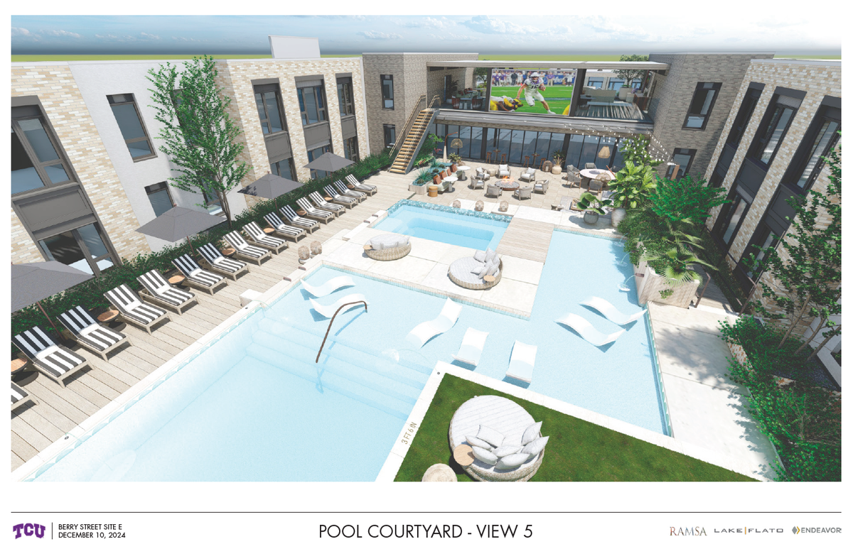 A rendering of the rooftop pool at the Morado on Berry, a $82.9 million mixed-use development TCU is building in partnership with Endeavor Real Estate Group near the intersection of West Berry Street and South University Drive. Construction is expected to be complete in fall 2027.