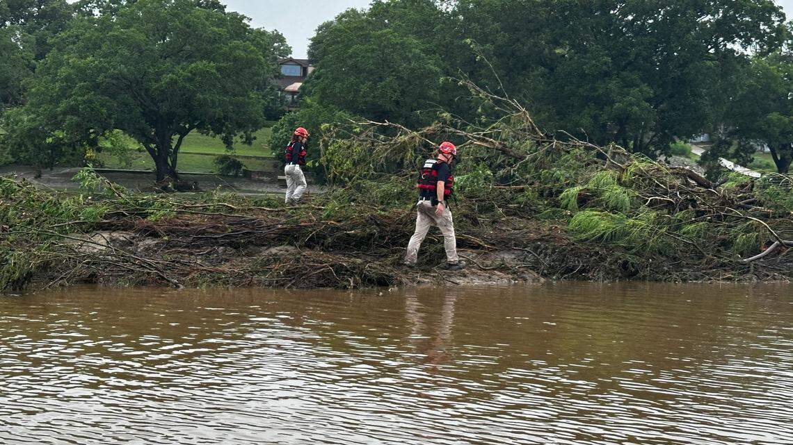 July 7, 2025; Guadalupe River, TX, USA; TEXSAR search-and-rescue volunteers scour the banks of the Guadalupe River, looking for victims of the recent floods. The group has deployed 50 volunteers and six swift-water rescue boats to help search for victims. Mandatory Credit: Courtesy of TEXSAR via Imagn Images