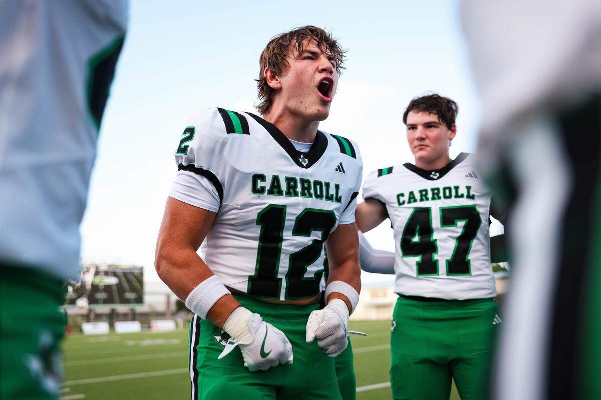 Southlake Carroll linebacker Marcus Brouse yells to his position group in a pregame huddle before a district matchup between Southlake Carroll and Timber Creek at Keller ISD Stadium on Thursday Sept. 25, 2025.