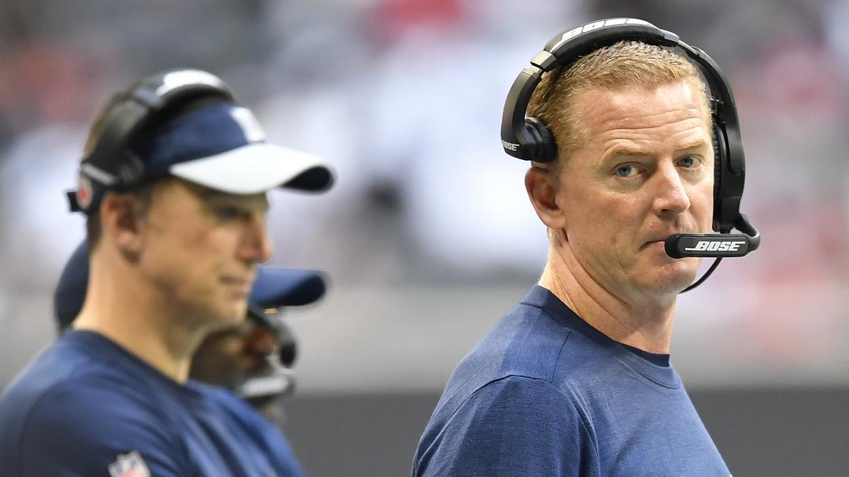 Dallas Cowboys head coach Jason Garrett looks down the sidelines during the first half of an NFL football game between the Atlanta Falcons and the Dallas Cowboys, Sunday, Nov. 18, 2018, in Atlanta.