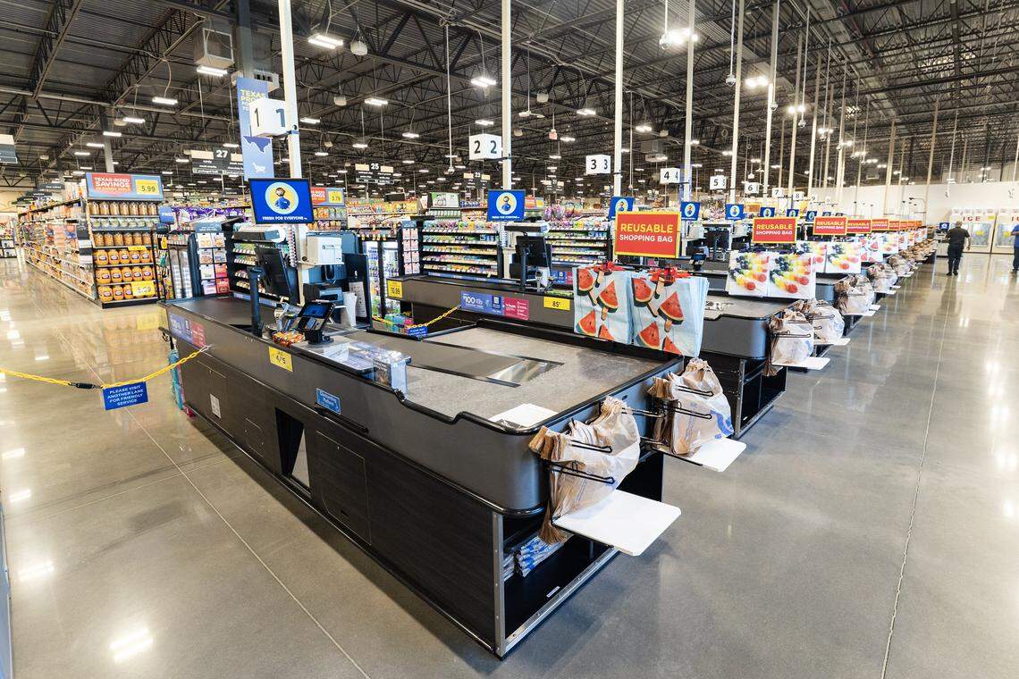 The registers area of the new Kroger Marketplace located in Bonds Ranch near Fort Worth.