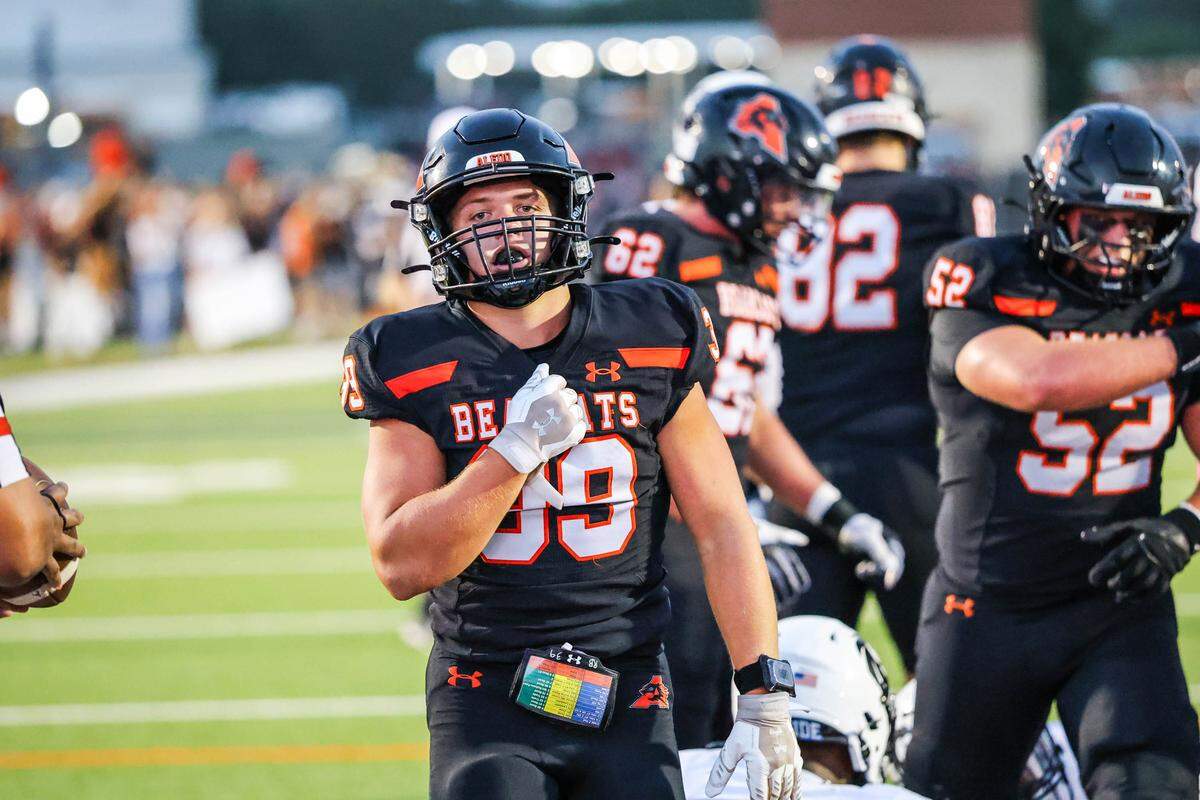 Aledo senior running back Brady Powell celebrates his 2-yard TD run against Denton Guyer in a game at Tim Buchanan Stadium on Friday, Aug. 29, 2025.