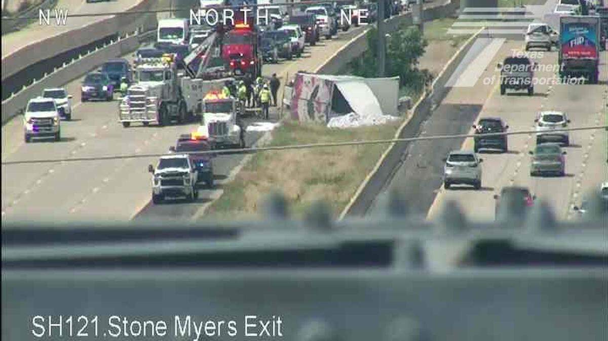A box truck rolled over in a three-vehicle accident in Grapevine on Tuesday, June 2, 2026.