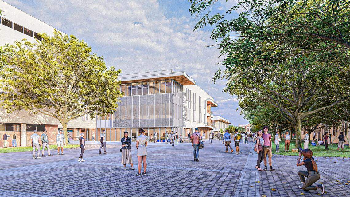Renderings of UT Arlington’s University Center when construction is finished in 2028.