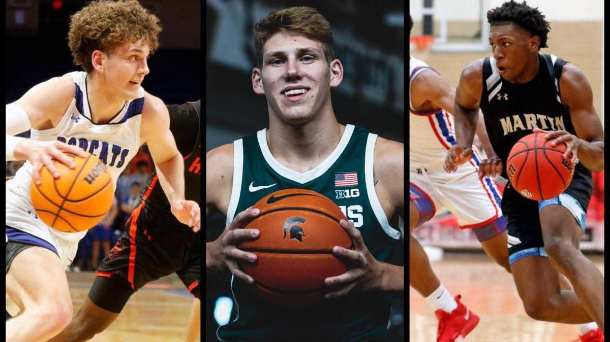 Player of the Year Finley Bizjack (center) of Byron Nelson along with Birdville’s Gehrig Normand (left) and Martin’s Kordelius Jefferson (right) highlight the 2022-23 boys Star-Telegram all-area basketball team.
