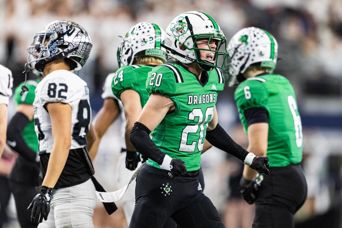 Southlake Carroll defensive back Jacob Montes (20) celebates after a tackle on special teams in the first half of the UIL 6A Division II championship game at AT&T Stadium in Arlington on Saturday, Dec. 21, 2024.