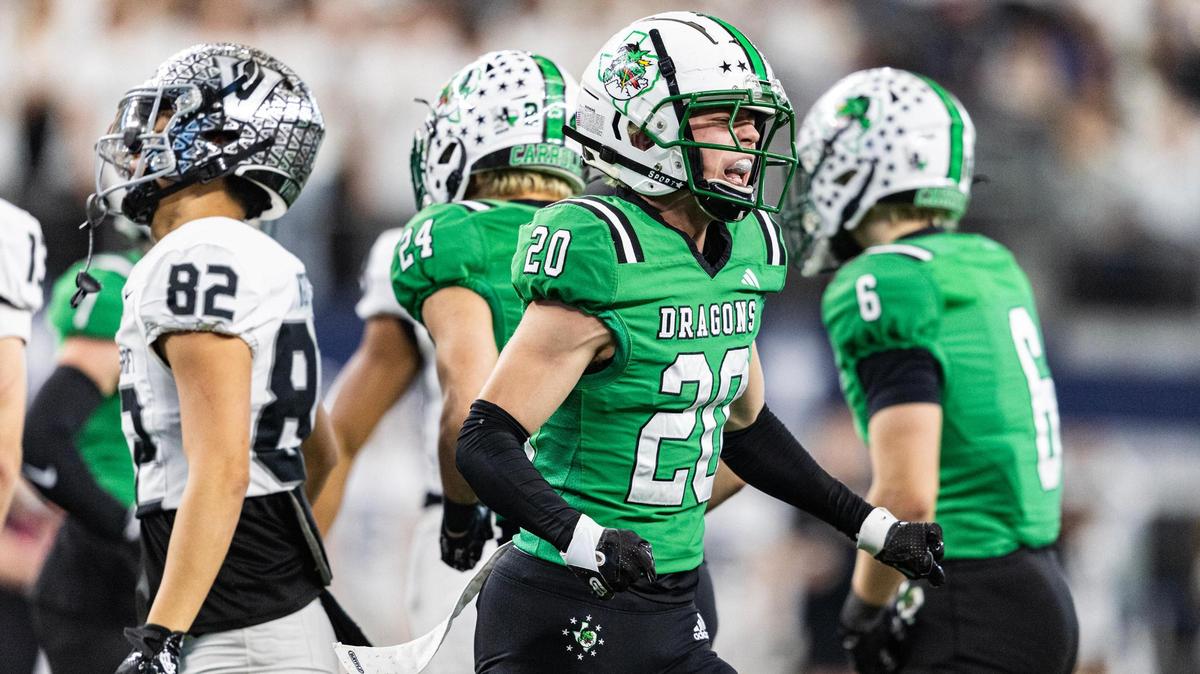 Southlake Carroll defensive back Jacob Montes (20) celebates after a tackle on special teams in the first half of the UIL 6A Division II championship game at AT&T Stadium in Arlington on Saturday, Dec. 21, 2024.