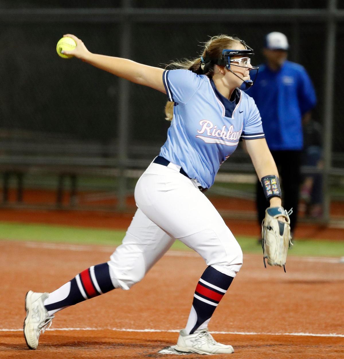 Richland pitcher Jacey Lees (7) closes out the game during a 5A Region I Bi-District softball playoff game at Brewer High School in White Settlement, Texas, Friday, April 30, 2022. Richland defeated Brewer 12-3 to move on to the next round. (Special to the Star-Telegram Bob Booth)