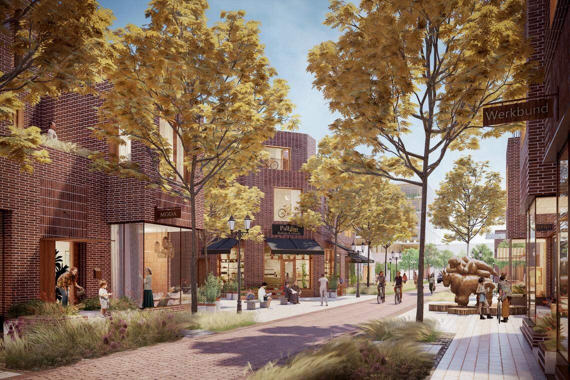 A rendering of the new development shows retail shops on the sides, with a brick walkway and trees down the middle.