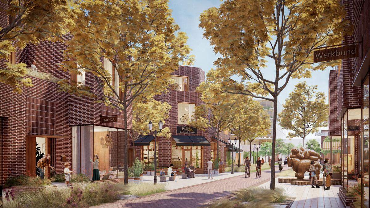 A rendering of the new development shows retail shops on the sides, with a brick walkway and trees down the middle.