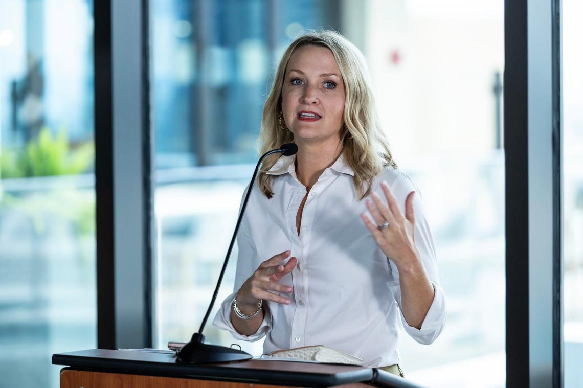 Fort Worth Mayor Mattie Parker speaks at the opening ceremony for the opening of the Deco 969 high rise apartment building in downtown Fort Worth on Wednesday, July 17, 2024.