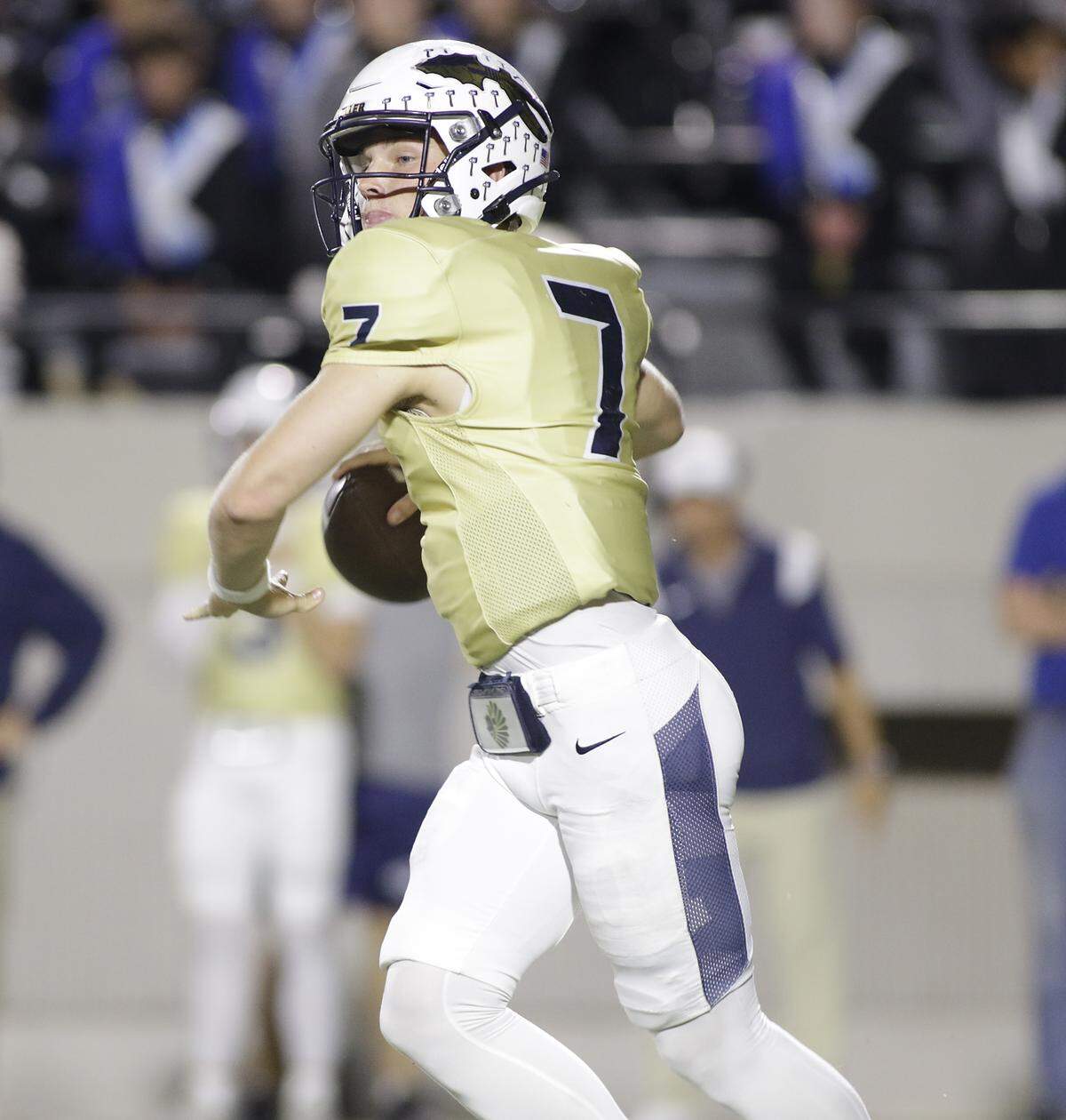 Keller quarterback Brock Burkett throws a pass against Euless Trinity during their game on Friday, October 17, 2025 at Pennington Field in Bedford, Texas.