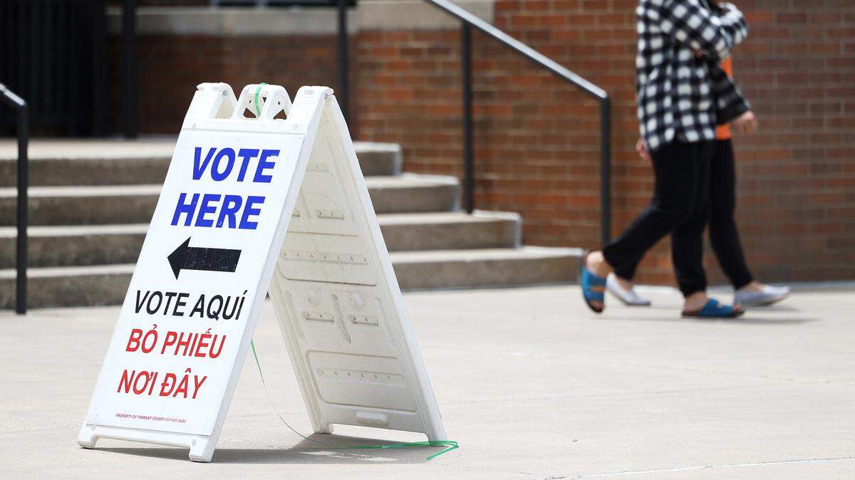 A sign directs voters into Keller City Hall on April 24, 2023. Early voting for the Nov. 5 election begins Monday, Oct. 21.