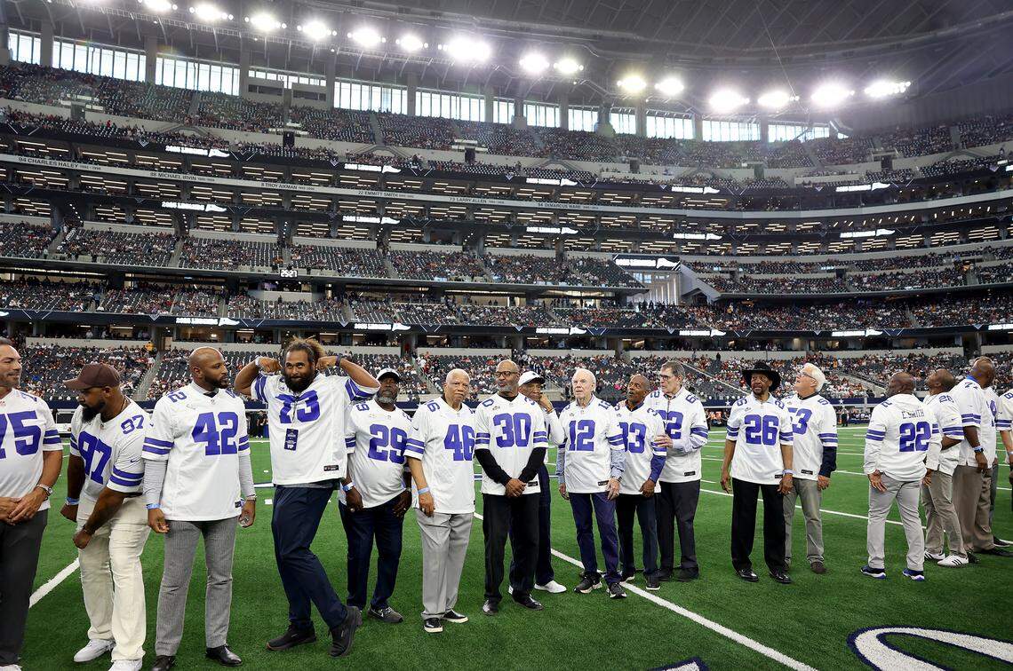 Dallas Cowboys legends take the field to be honored during the 2025 homecoming on Sunday at AT&T Stadium in Arlington. 