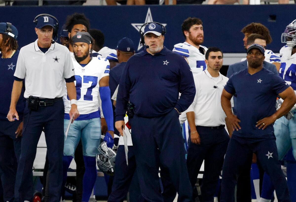 Dallas Cowboys head coach Mike McCarthy reacts after a touchdown by the Jacksonville Jaguars on Saturday, August 12, 2023, at AT&T Stadium in Arlington.