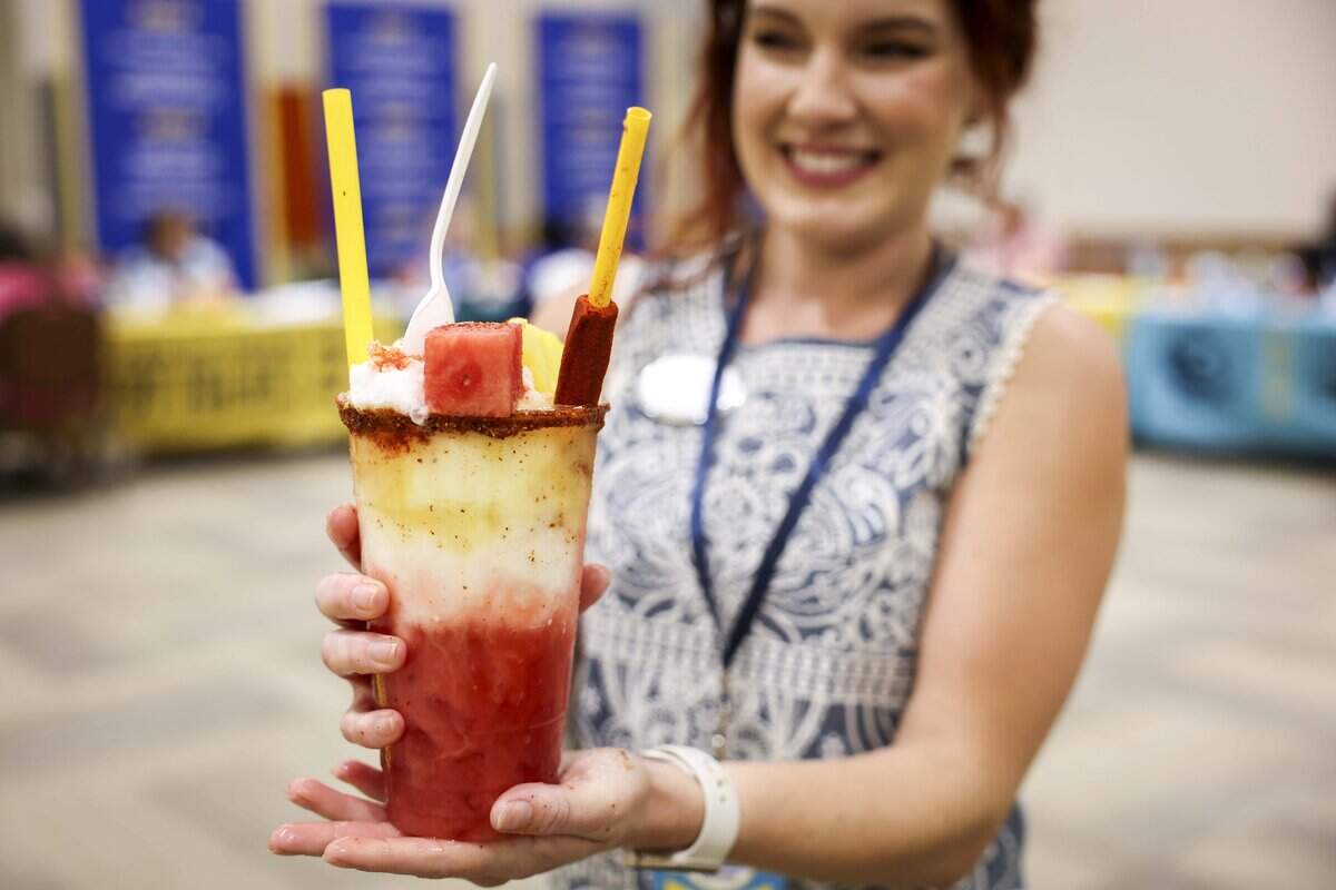 Big Tex Choice Awards sipper winner is the Tropical Coco Fresca, pineapple and watermelon agua fresca with a chamoy lava Tajin rim, and a scoop of icy coconut snow on Tuesday, Aug. 18, 2026 in Dallas.
