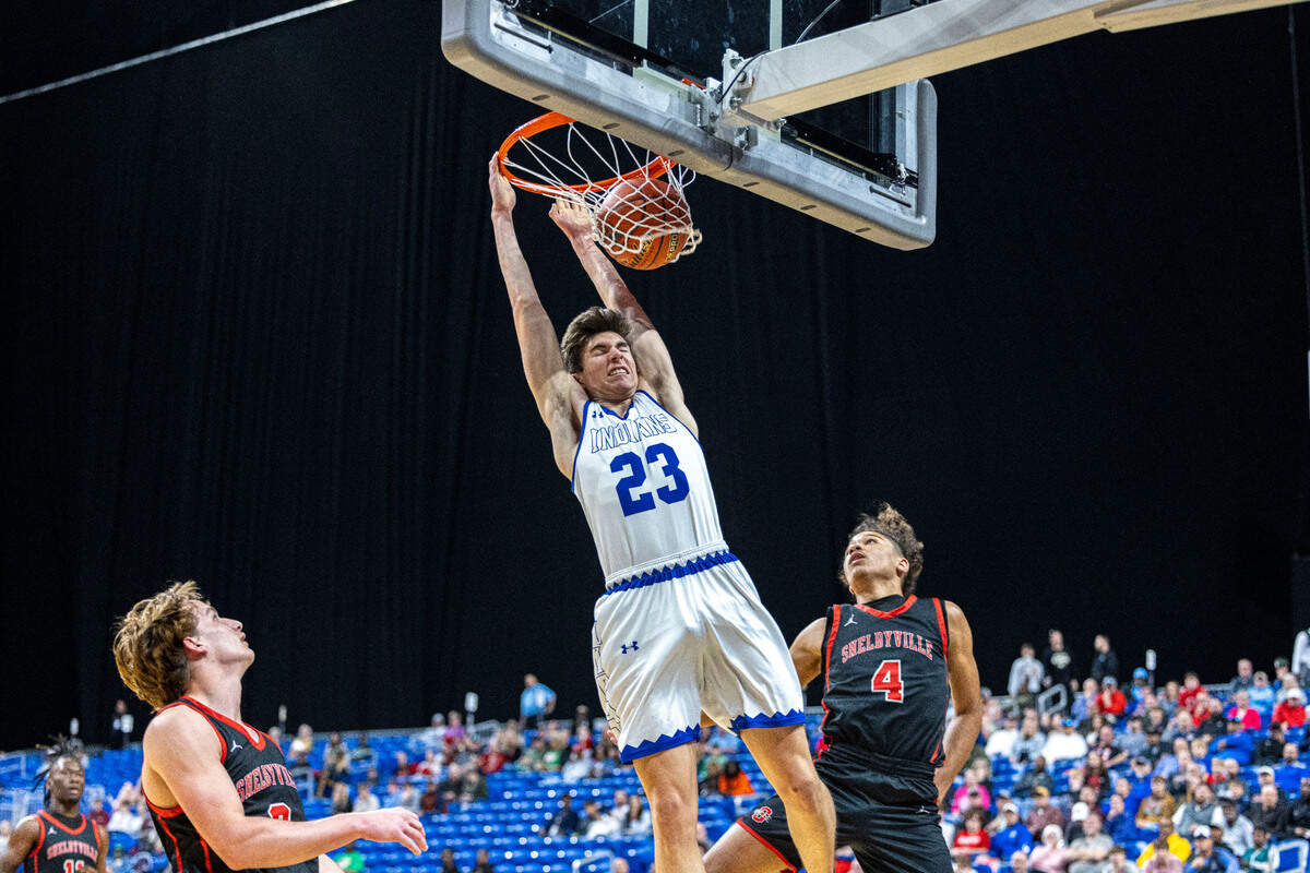 Lipan’s Alberto Andreatta (23) throws down a dunk against Shelbyville in the Class 2A state championship game on Saturday, March 9, 2024 at the Alamodome in San Antonio, Texas. Lipan defeated Shelbyville 47-36.