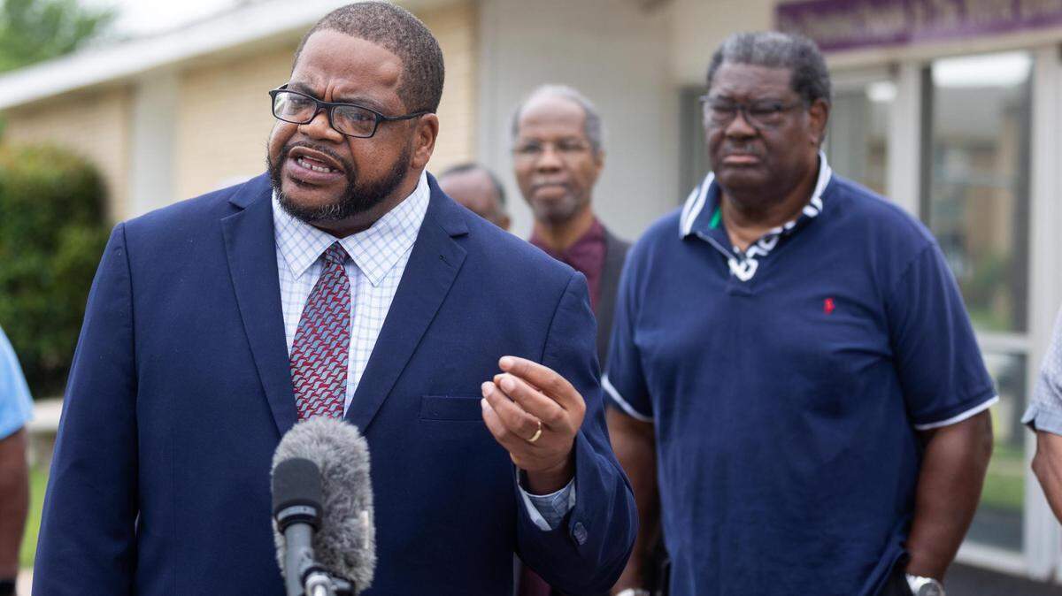 Kyev Tatum, with the Ministers of Justice Coalition of Texas, talks about an incident involving the repeated use of a racial slur at Paschal High School during a press conference in April. The group called for a federal investigation of the Fort Worth Independent School District on Wednesday for allegedly fostering a hostile environment for Black students.
