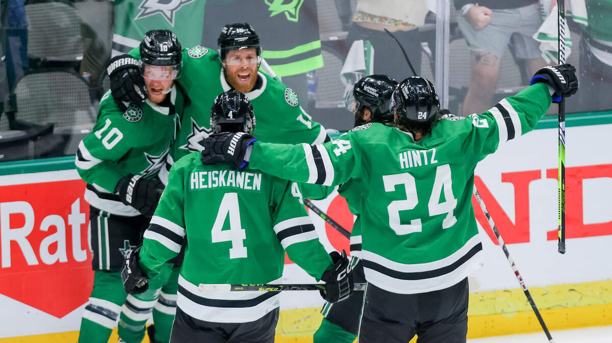 The Dallas Stars celebrate Joe Pavelski’s overtime game winner in Game 4 of the Western Conference finals on Thursday in Dallas. The Stars defeated the Golden Knights, 3-2. Game 5 is Saturday night in Las Vegas.