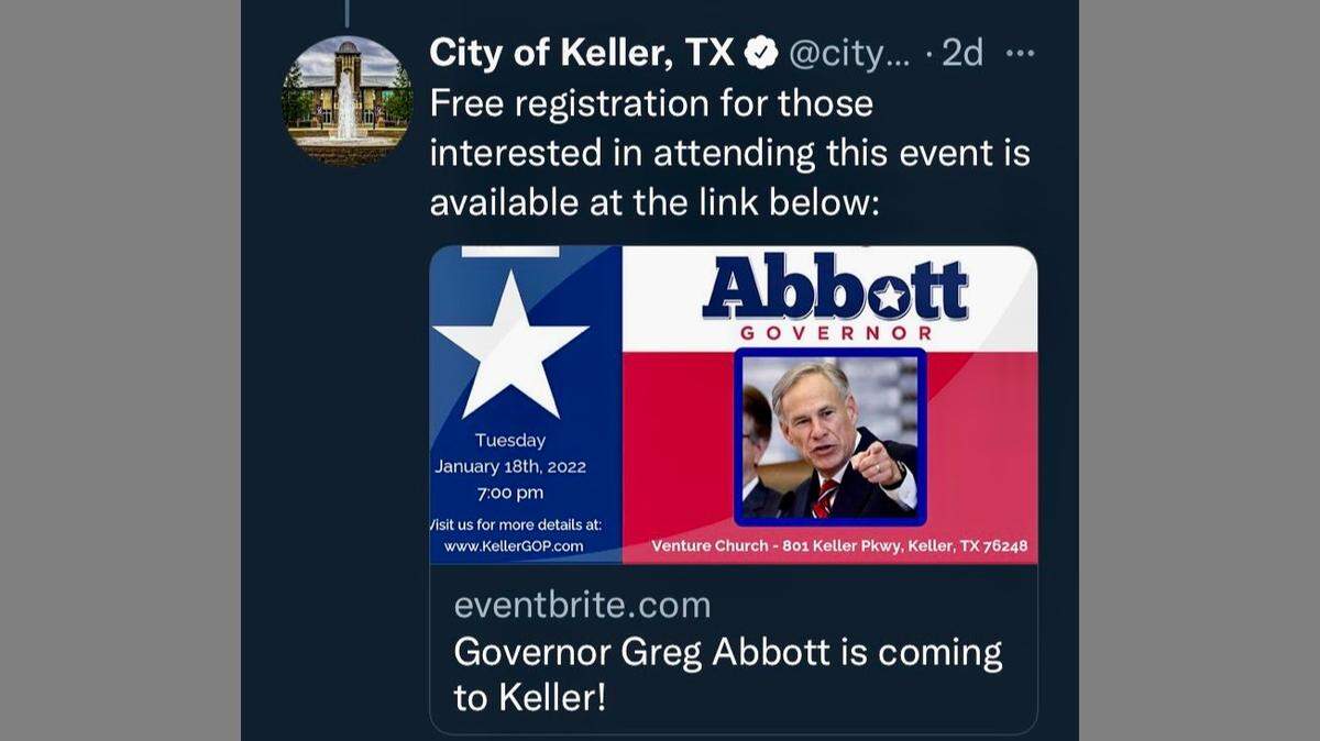 Keller’s city Twitter feed promoted registering for a Republican Club campaign rally.
