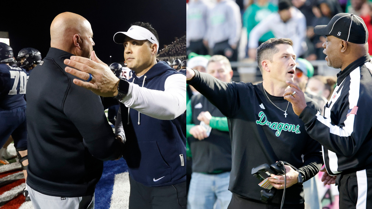 High school sports editor Charles Baggarly breaks down how Aledo and Southlake Carroll’s title hopes died. Aledo head coach Robby Jones (left), Frisco Lone Star head coach Jeff Rayburn (middle) and Southlake Carroll head coach Riley Dodge (right).