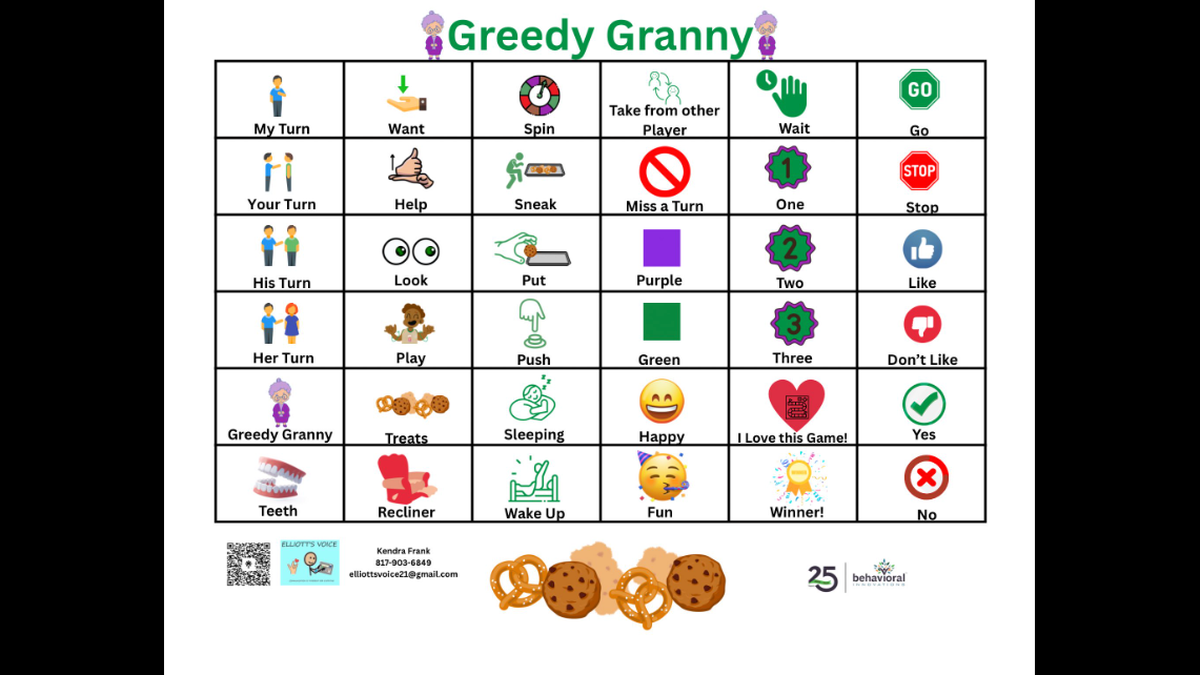 A communication board for the game "Greedy Granny," designed by Kendra Frank. It includes icons for her son and other nonverbal children to participate in the gameplay.