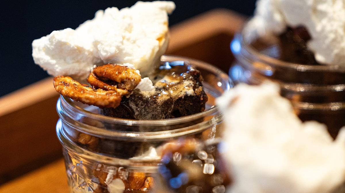 The Whiskey Cake with candied pecans and homemade whipped cream from the new Whiskey Cake restaurant in Alliance.