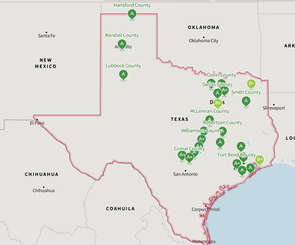 Map of Texas counties that made Niche’s best counties to raise a family in.